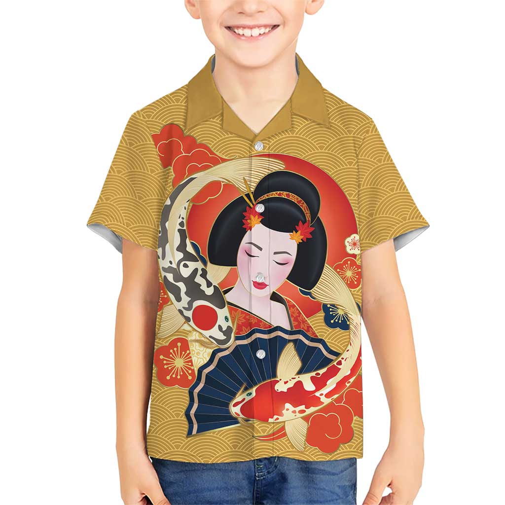 Japanese Geisha Koi Fish Family Matching Short Sleeve Bodycon Dress and Hawaiian Shirt Cherry Blossoms Yellow Seigaiha Pattern - Polynesian Pride