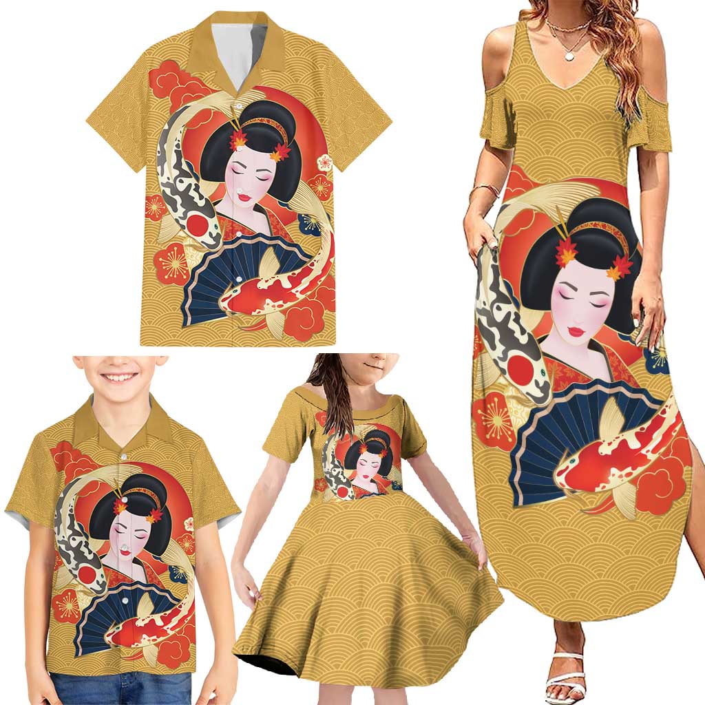 Japanese Geisha Koi Fish Family Matching Summer Maxi Dress and Hawaiian Shirt Cherry Blossoms Yellow Seigaiha Pattern - Polynesian Pride