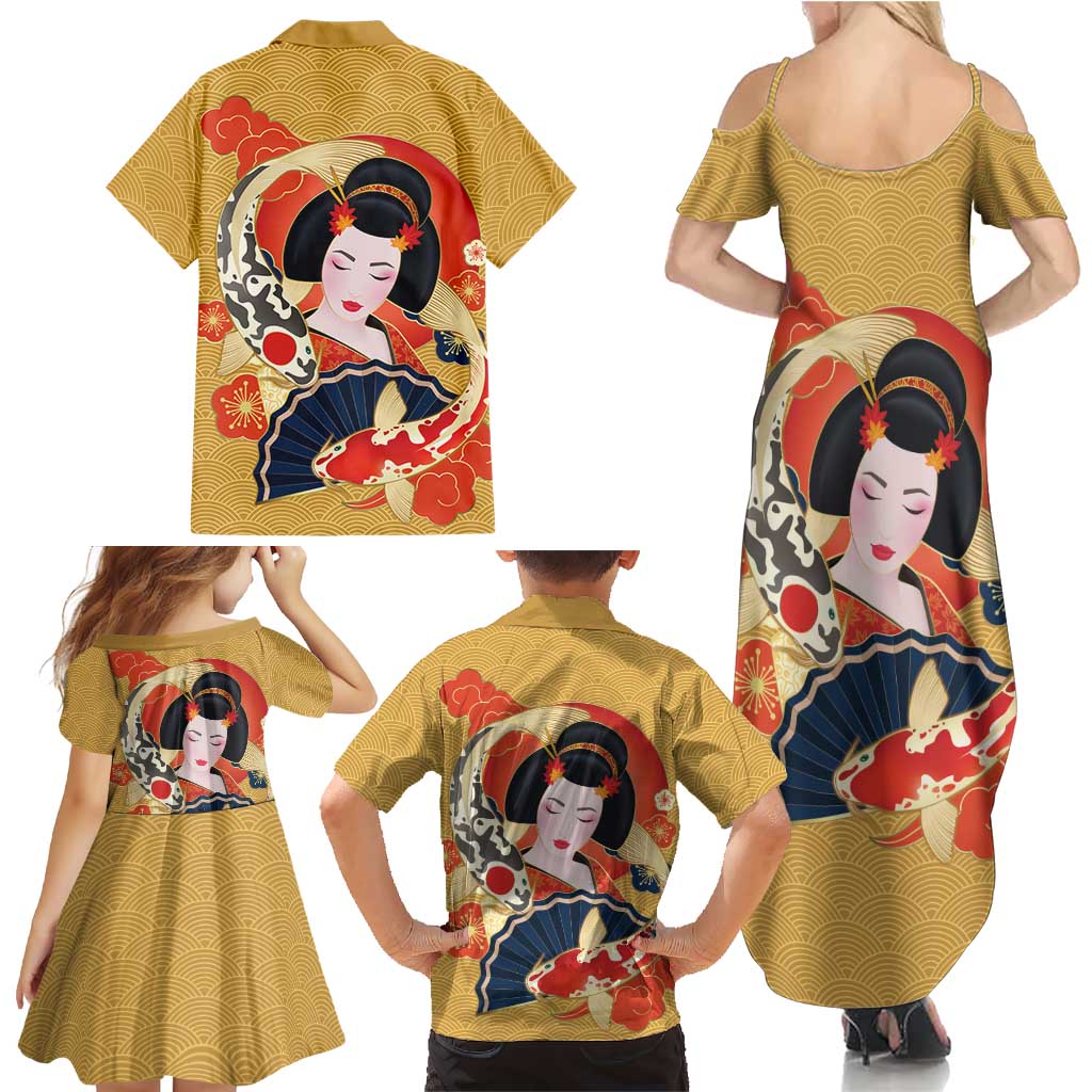 Japanese Geisha Koi Fish Family Matching Summer Maxi Dress and Hawaiian Shirt Cherry Blossoms Yellow Seigaiha Pattern - Polynesian Pride