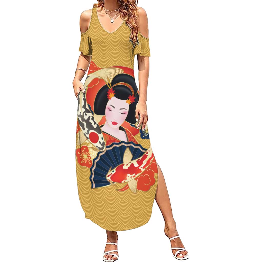 Japanese Geisha Koi Fish Family Matching Summer Maxi Dress and Hawaiian Shirt Cherry Blossoms Yellow Seigaiha Pattern - Polynesian Pride