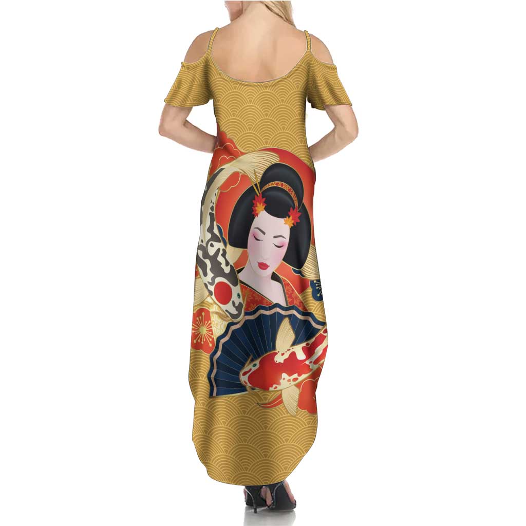Japanese Geisha Koi Fish Family Matching Summer Maxi Dress and Hawaiian Shirt Cherry Blossoms Yellow Seigaiha Pattern - Polynesian Pride
