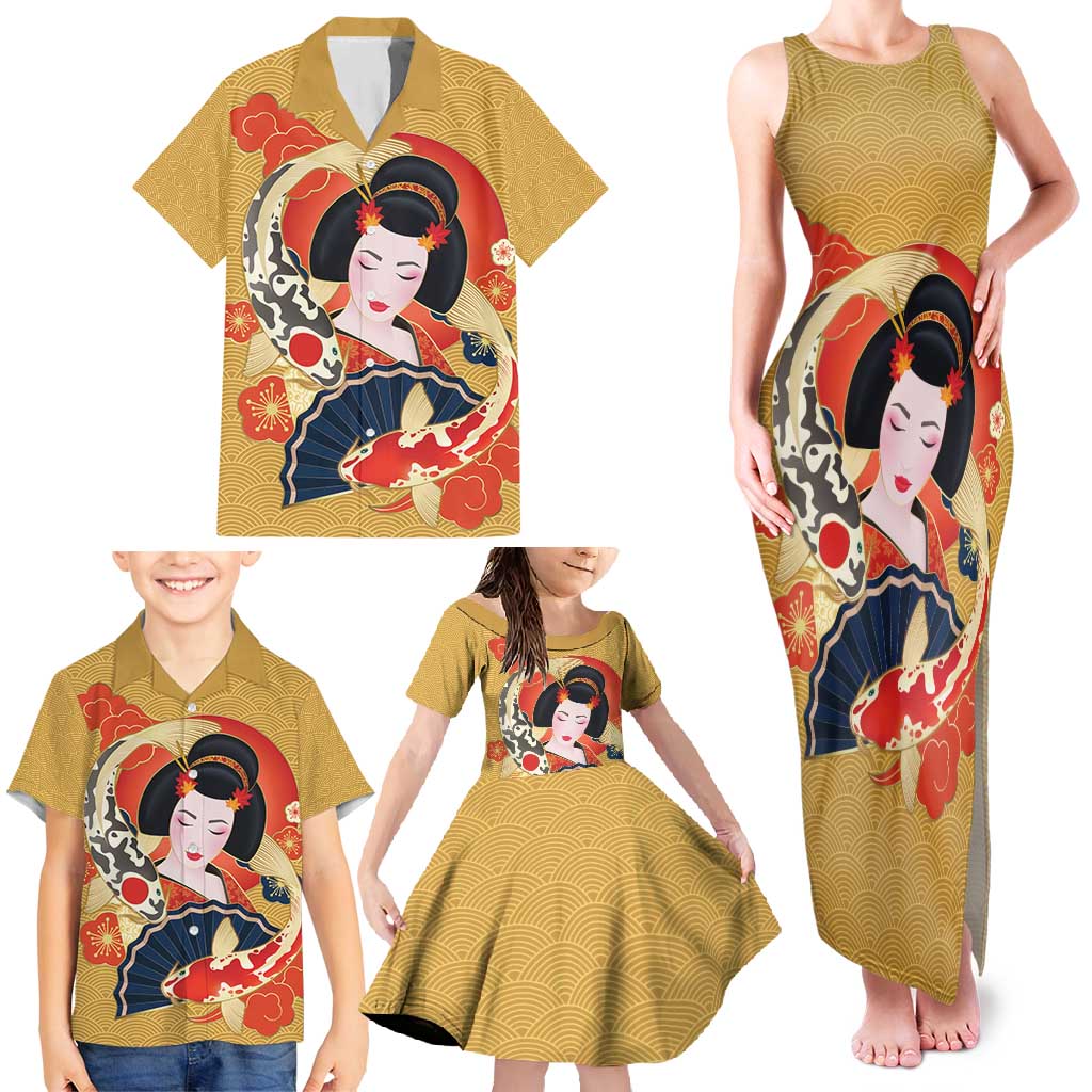 Japanese Geisha Koi Fish Family Matching Tank Maxi Dress and Hawaiian Shirt Cherry Blossoms Yellow Seigaiha Pattern - Polynesian Pride