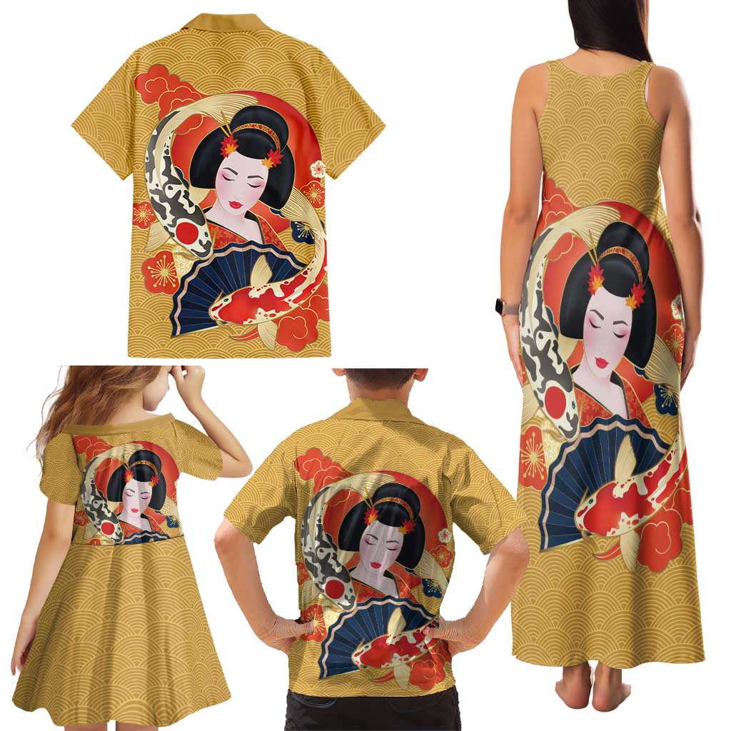 Japanese Geisha Koi Fish Family Matching Tank Maxi Dress and Hawaiian Shirt Cherry Blossoms Yellow Seigaiha Pattern - Polynesian Pride