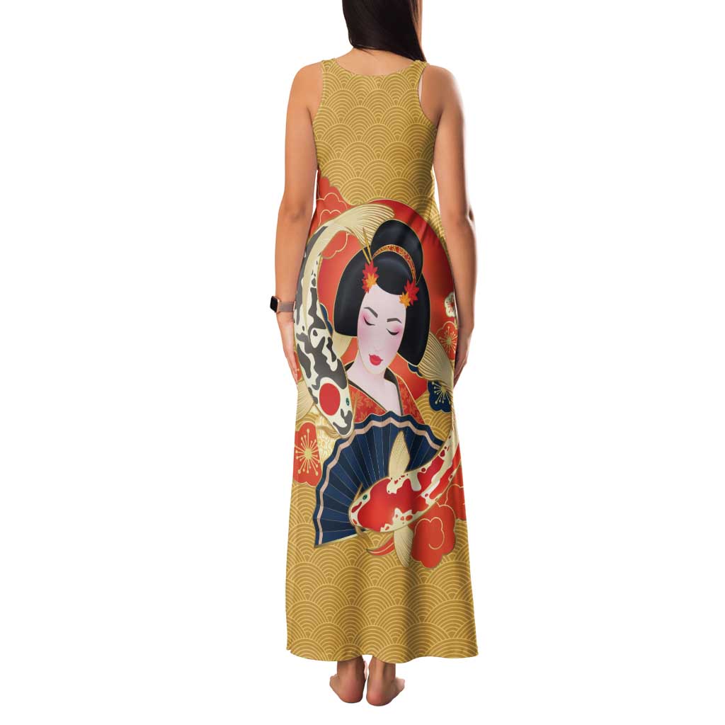 Japanese Geisha Koi Fish Family Matching Tank Maxi Dress and Hawaiian Shirt Cherry Blossoms Yellow Seigaiha Pattern - Polynesian Pride