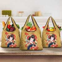 Japanese Geisha Koi Fish Grocery Bag Cherry Blossoms Yellow Seigaiha Pattern - Polynesian Pride