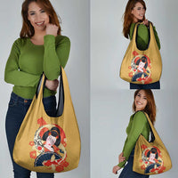 Japanese Geisha Koi Fish Grocery Bag Cherry Blossoms Yellow Seigaiha Pattern - Polynesian Pride