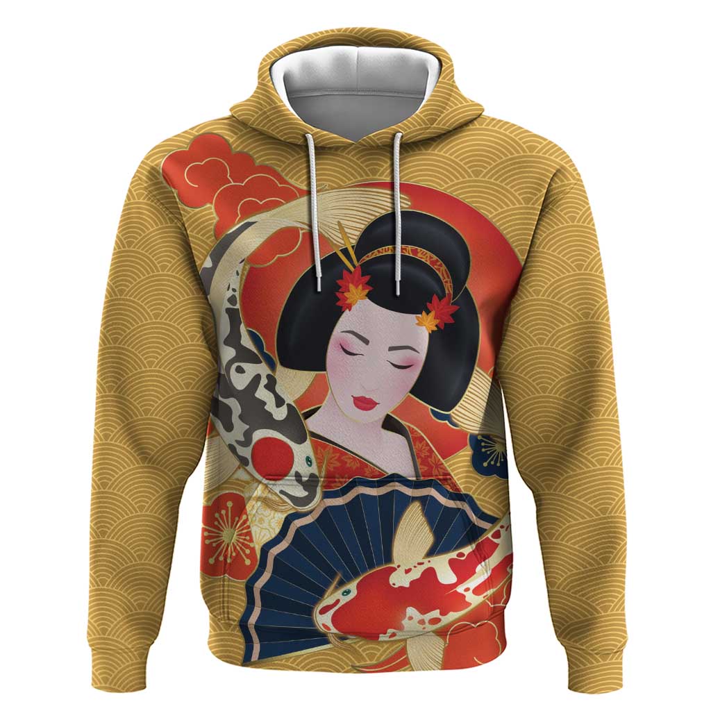 Japanese Geisha Koi Fish Hoodie Cherry Blossoms Yellow Seigaiha Pattern - Polynesian Pride