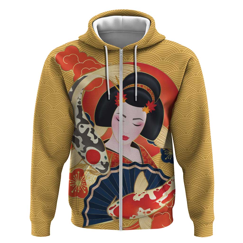 Japanese Geisha Koi Fish Hoodie Cherry Blossoms Yellow Seigaiha Pattern - Polynesian Pride