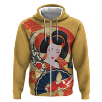 Japanese Geisha Koi Fish Hoodie Cherry Blossoms Yellow Seigaiha Pattern - Polynesian Pride