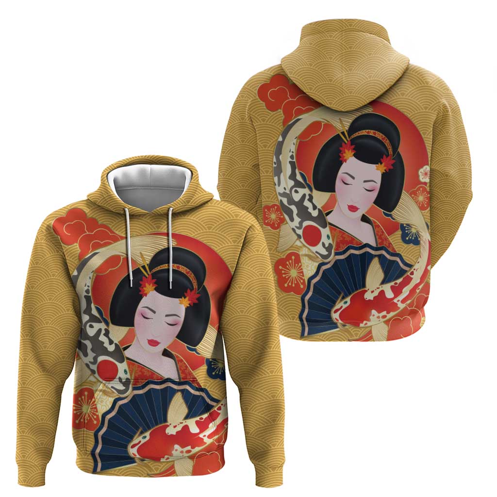 Japanese Geisha Koi Fish Hoodie Cherry Blossoms Yellow Seigaiha Pattern - Polynesian Pride