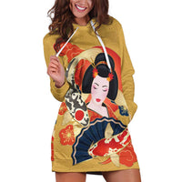 Japanese Geisha Koi Fish Hoodie Dress Cherry Blossoms Yellow Seigaiha Pattern - Polynesian Pride