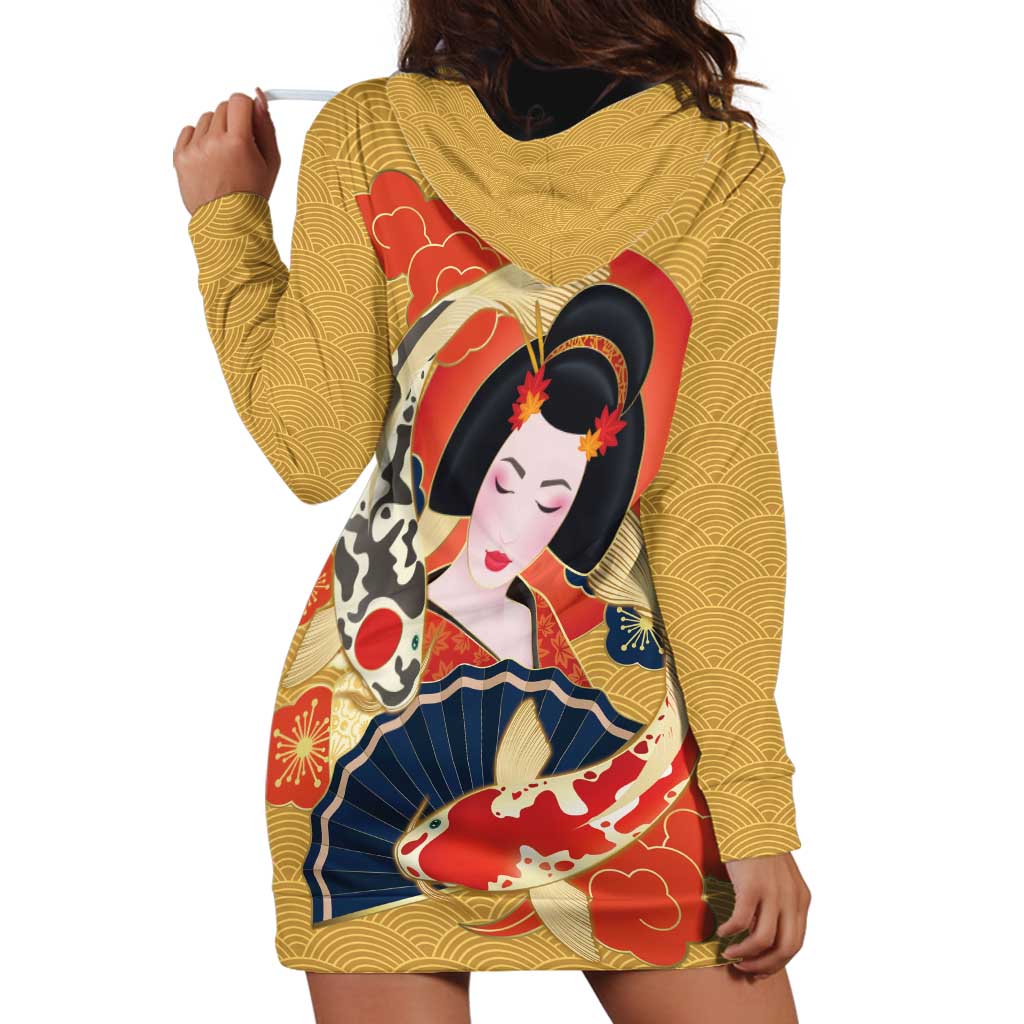 Japanese Geisha Koi Fish Hoodie Dress Cherry Blossoms Yellow Seigaiha Pattern - Polynesian Pride