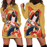 Japanese Geisha Koi Fish Hoodie Dress Cherry Blossoms Yellow Seigaiha Pattern - Polynesian Pride