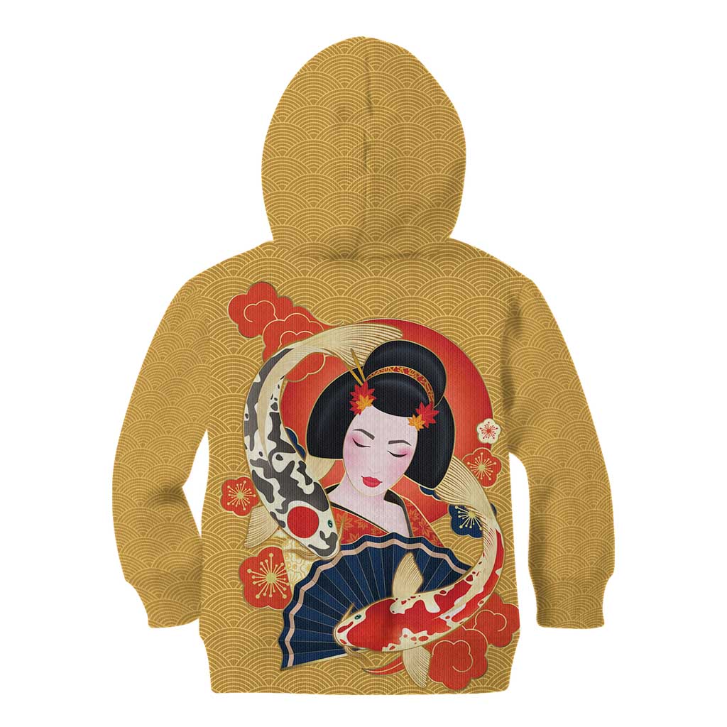 Japanese Geisha Koi Fish Kid Hoodie Cherry Blossoms Yellow Seigaiha Pattern LT14 - Polynesian Pride