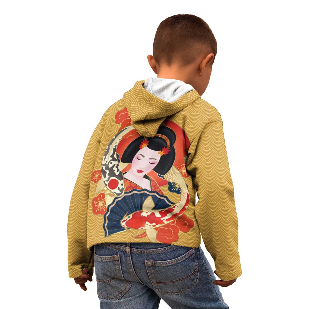 Japanese Geisha Koi Fish Kid Hoodie Cherry Blossoms Yellow Seigaiha Pattern LT14 - Polynesian Pride
