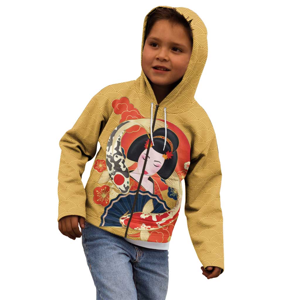 Japanese Geisha Koi Fish Kid Hoodie Cherry Blossoms Yellow Seigaiha Pattern LT14 - Polynesian Pride