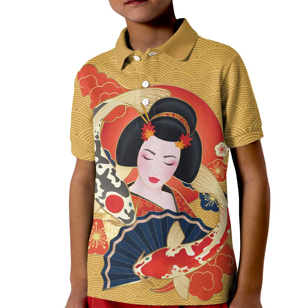 Japanese Geisha Koi Fish Kid Polo Shirt Cherry Blossoms Yellow Seigaiha Pattern LT14 Kid Yellow - Polynesian Pride