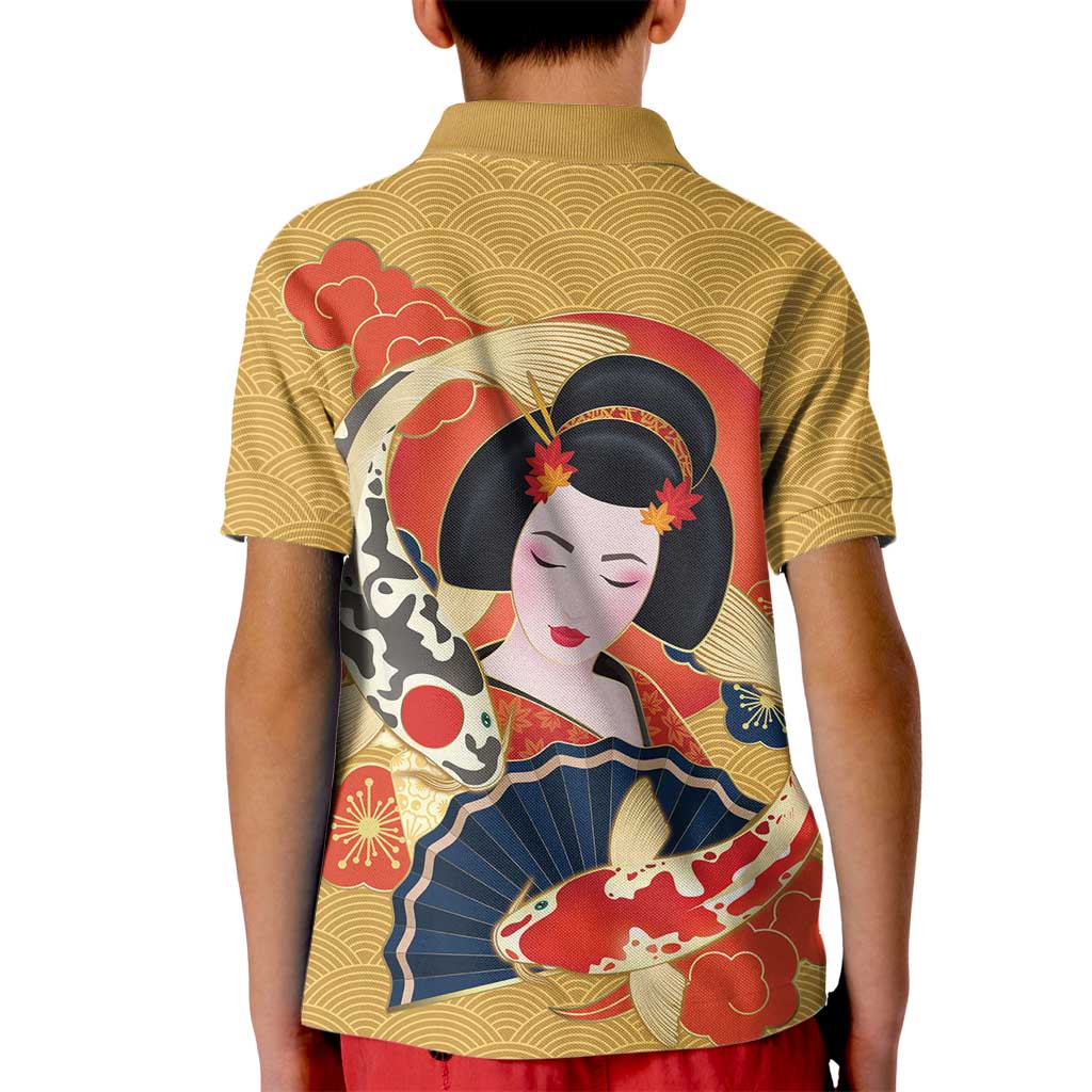 Japanese Geisha Koi Fish Kid Polo Shirt Cherry Blossoms Yellow Seigaiha Pattern LT14 - Polynesian Pride