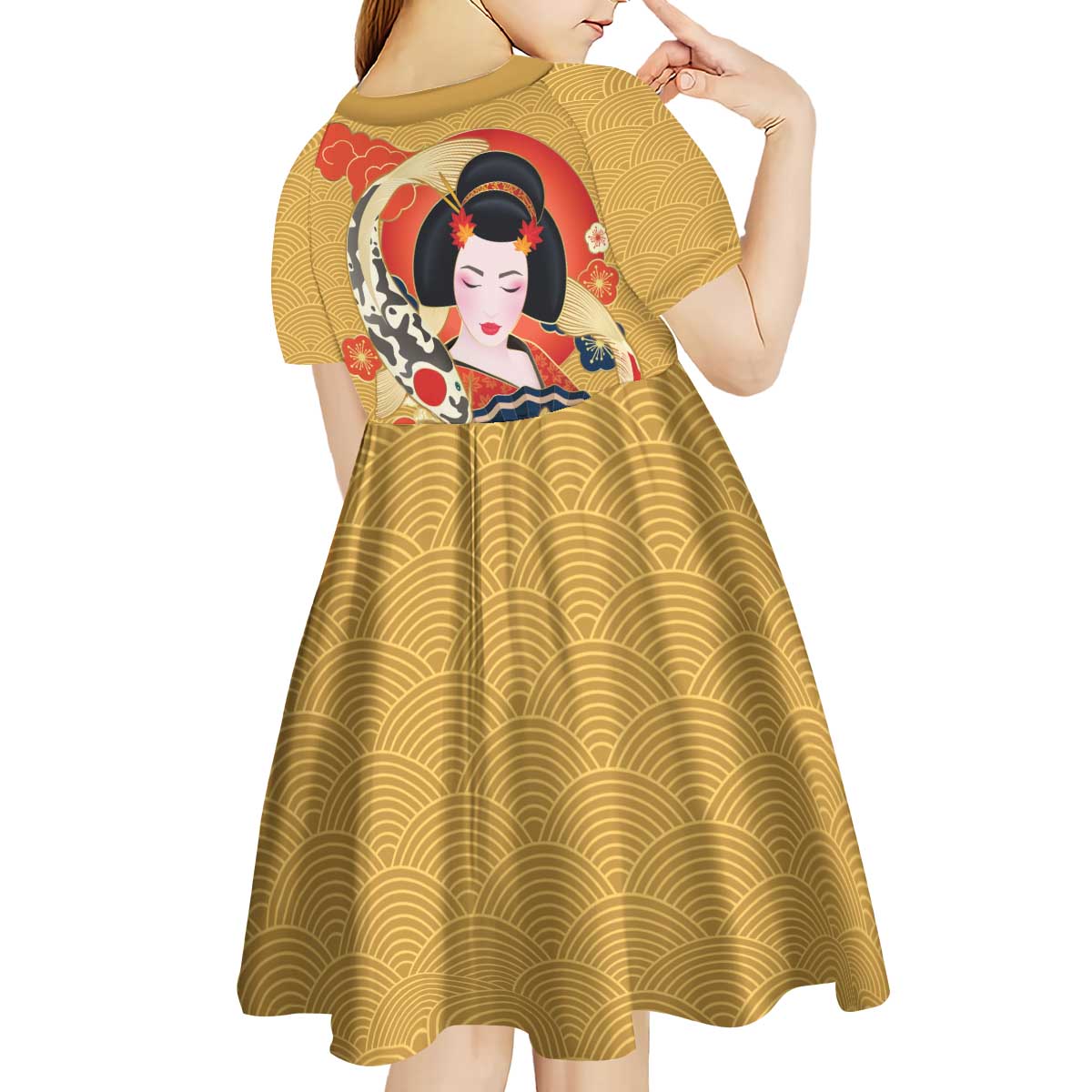 Japanese Geisha Koi Fish Kid Short Sleeve Dress Cherry Blossoms Yellow Seigaiha Pattern LT14 - Polynesian Pride