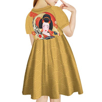 Japanese Geisha Koi Fish Kid Short Sleeve Dress Cherry Blossoms Yellow Seigaiha Pattern LT14 - Polynesian Pride