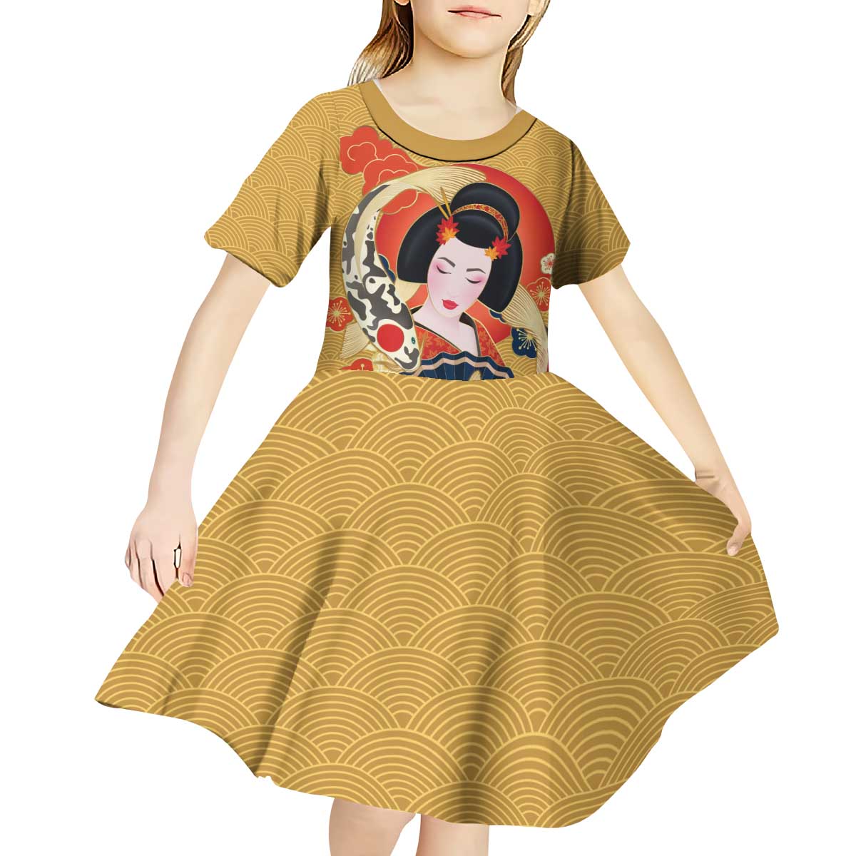 Japanese Geisha Koi Fish Kid Short Sleeve Dress Cherry Blossoms Yellow Seigaiha Pattern LT14 - Polynesian Pride