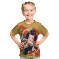 Japanese Geisha Koi Fish Kid T Shirt Cherry Blossoms Yellow Seigaiha Pattern LT14 Yellow - Polynesian Pride
