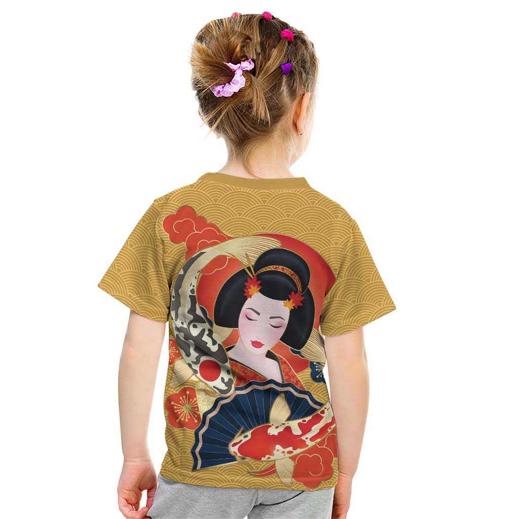 Japanese Geisha Koi Fish Kid T Shirt Cherry Blossoms Yellow Seigaiha Pattern LT14 - Polynesian Pride