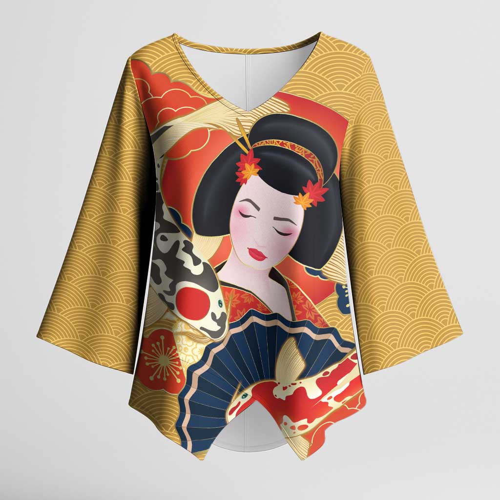 Japanese Geisha Koi Fish Kimono Sleeve Blouse Cherry Blossoms Yellow Seigaiha Pattern LT14 Female Yellow - Polynesian Pride