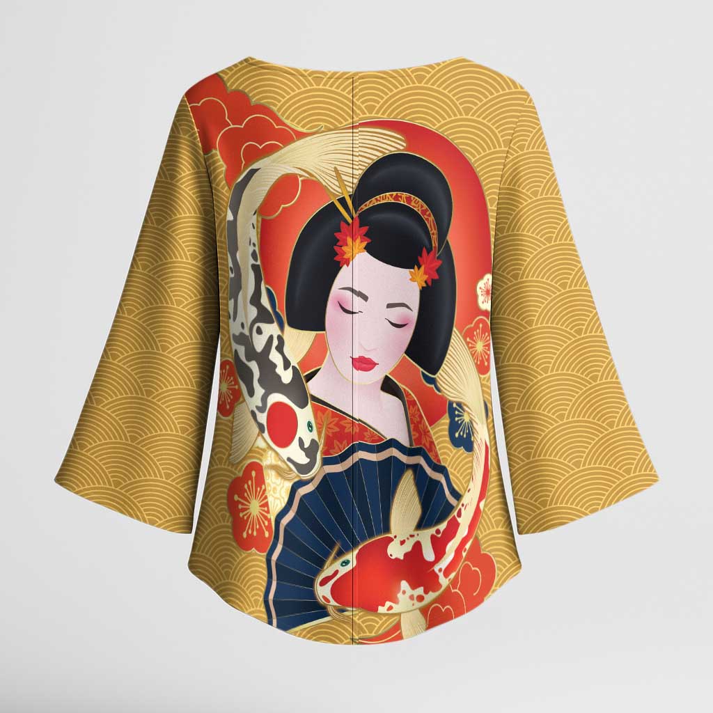 Japanese Geisha Koi Fish Kimono Sleeve Blouse Cherry Blossoms Yellow Seigaiha Pattern LT14 - Polynesian Pride