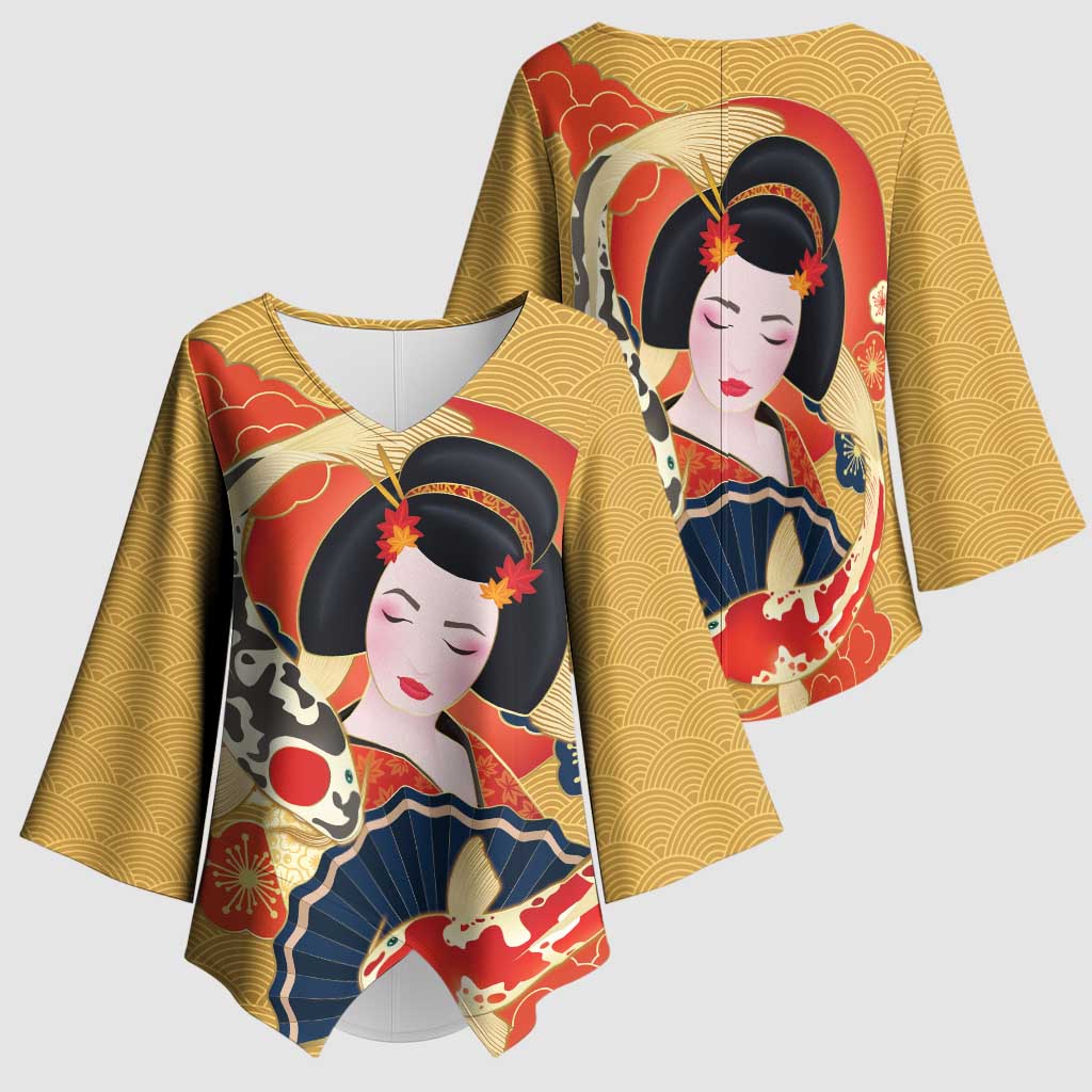 Japanese Geisha Koi Fish Kimono Sleeve Blouse Cherry Blossoms Yellow Seigaiha Pattern LT14 - Polynesian Pride