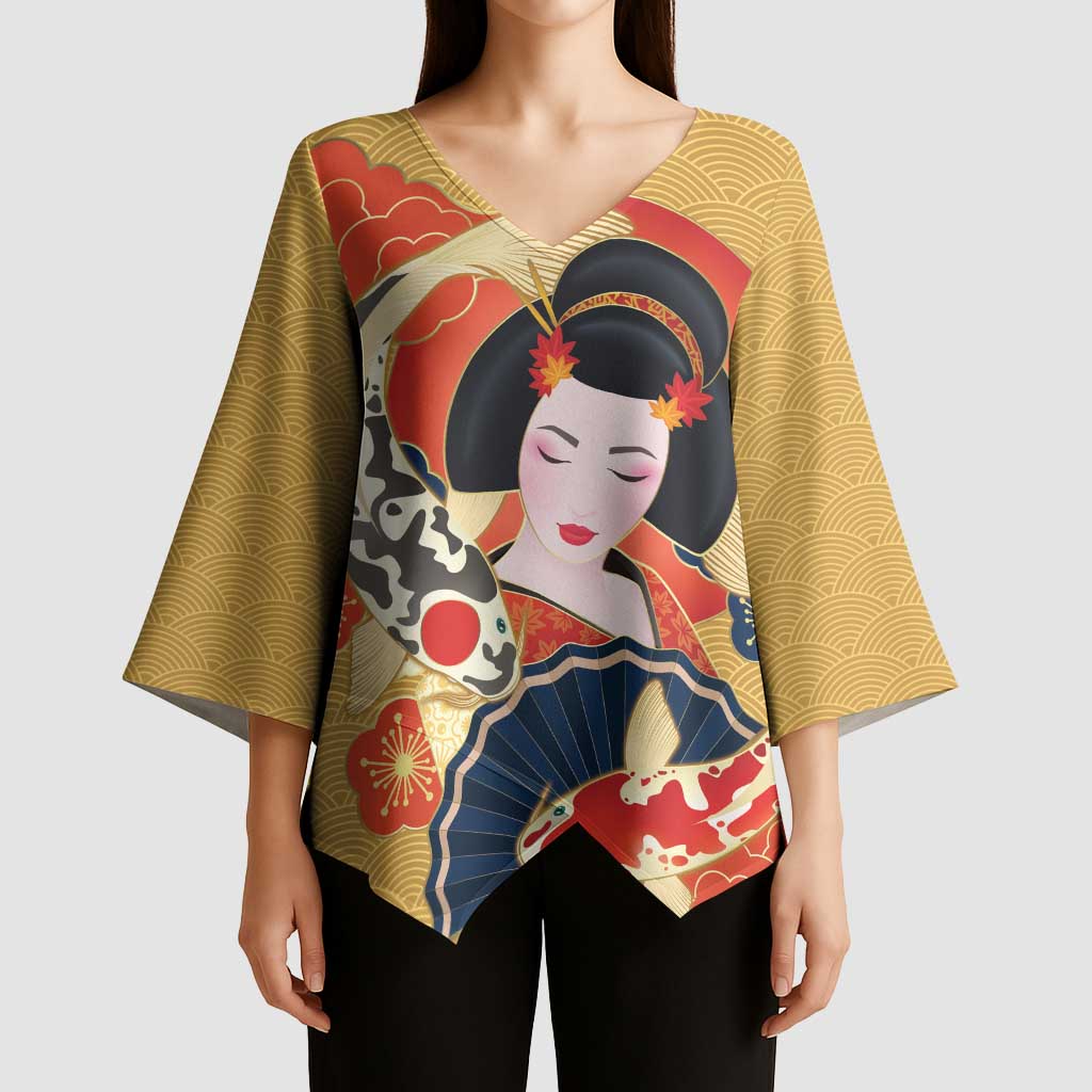 Japanese Geisha Koi Fish Kimono Sleeve Blouse Cherry Blossoms Yellow Seigaiha Pattern LT14 - Polynesian Pride