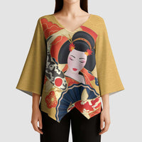 Japanese Geisha Koi Fish Kimono Sleeve Blouse Cherry Blossoms Yellow Seigaiha Pattern LT14 - Polynesian Pride