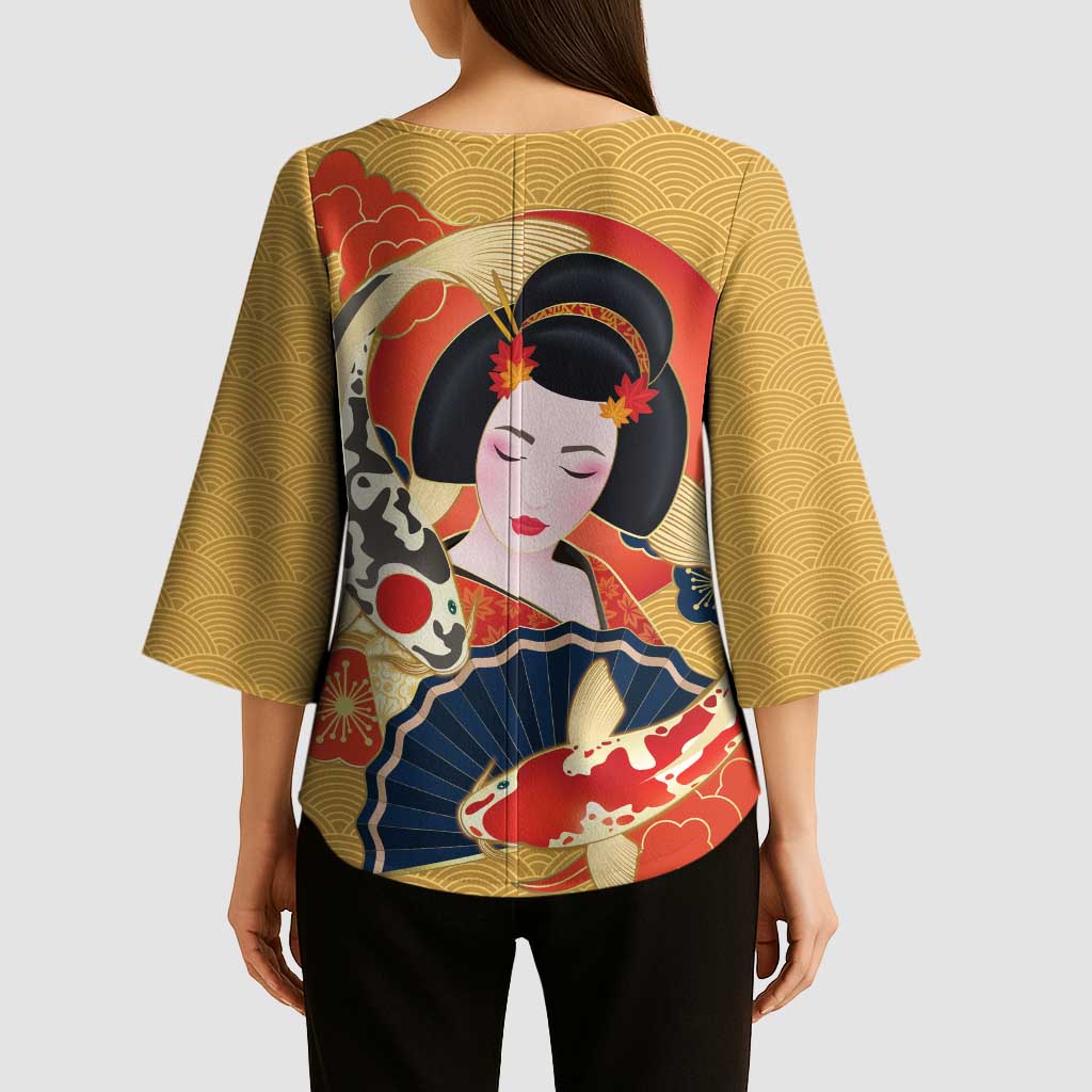 Japanese Geisha Koi Fish Kimono Sleeve Blouse Cherry Blossoms Yellow Seigaiha Pattern LT14 - Polynesian Pride