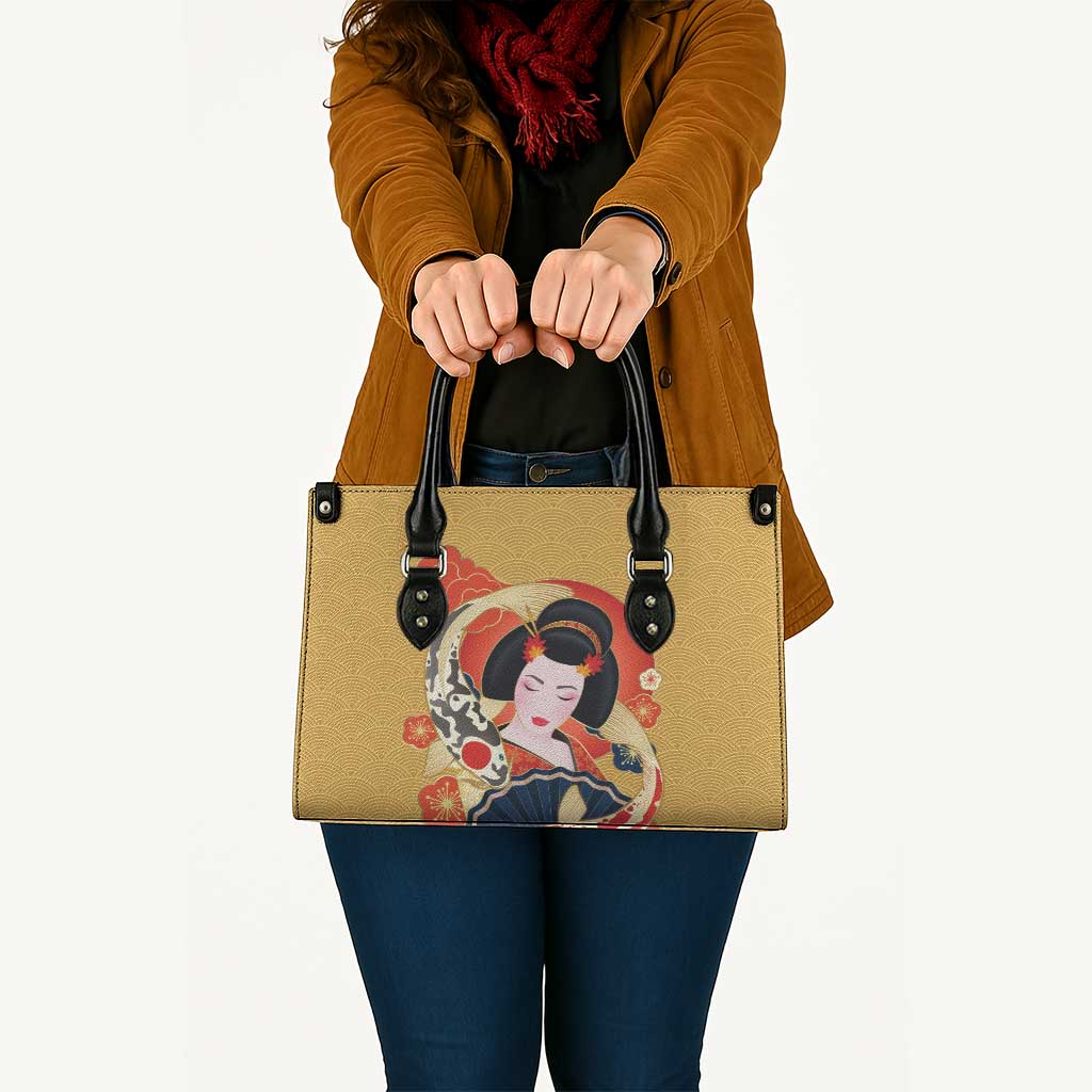 Japanese Geisha Koi Fish Leather Bag Cherry Blossoms Yellow Seigaiha Pattern LT14 - Polynesian Pride