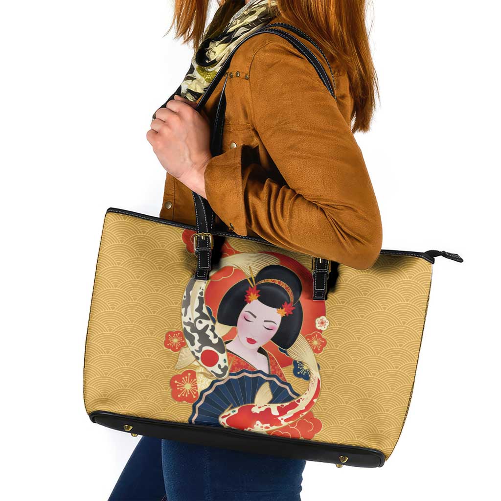 Japanese Geisha Koi Fish Leather Tote Bag Cherry Blossoms Yellow Seigaiha Pattern LT14 Yellow - Polynesian Pride