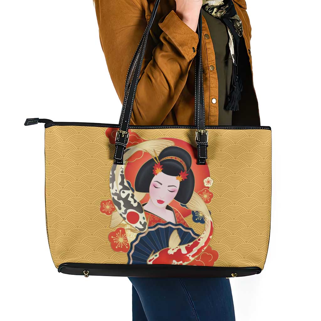 Japanese Geisha Koi Fish Leather Tote Bag Cherry Blossoms Yellow Seigaiha Pattern LT14 - Polynesian Pride