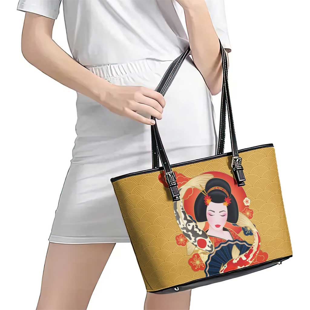 Japanese Geisha Koi Fish Leather Tote Bag Cherry Blossoms Yellow Seigaiha Pattern LT14 - Polynesian Pride