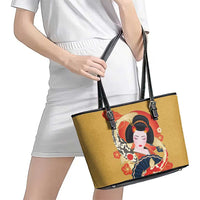 Japanese Geisha Koi Fish Leather Tote Bag Cherry Blossoms Yellow Seigaiha Pattern LT14 - Polynesian Pride