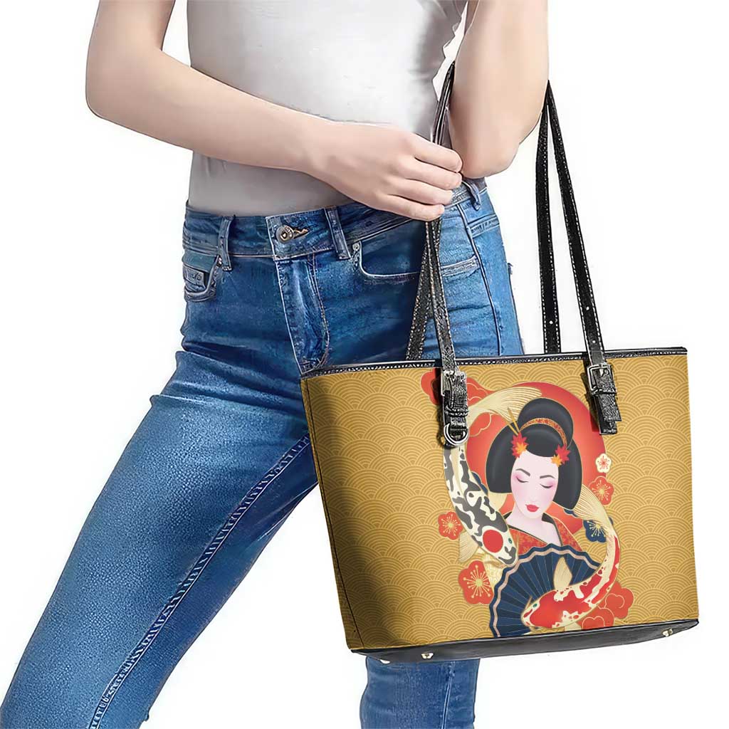 Japanese Geisha Koi Fish Leather Tote Bag Cherry Blossoms Yellow Seigaiha Pattern LT14 - Polynesian Pride