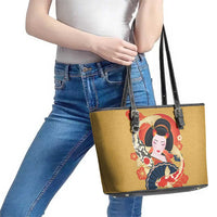 Japanese Geisha Koi Fish Leather Tote Bag Cherry Blossoms Yellow Seigaiha Pattern LT14 - Polynesian Pride