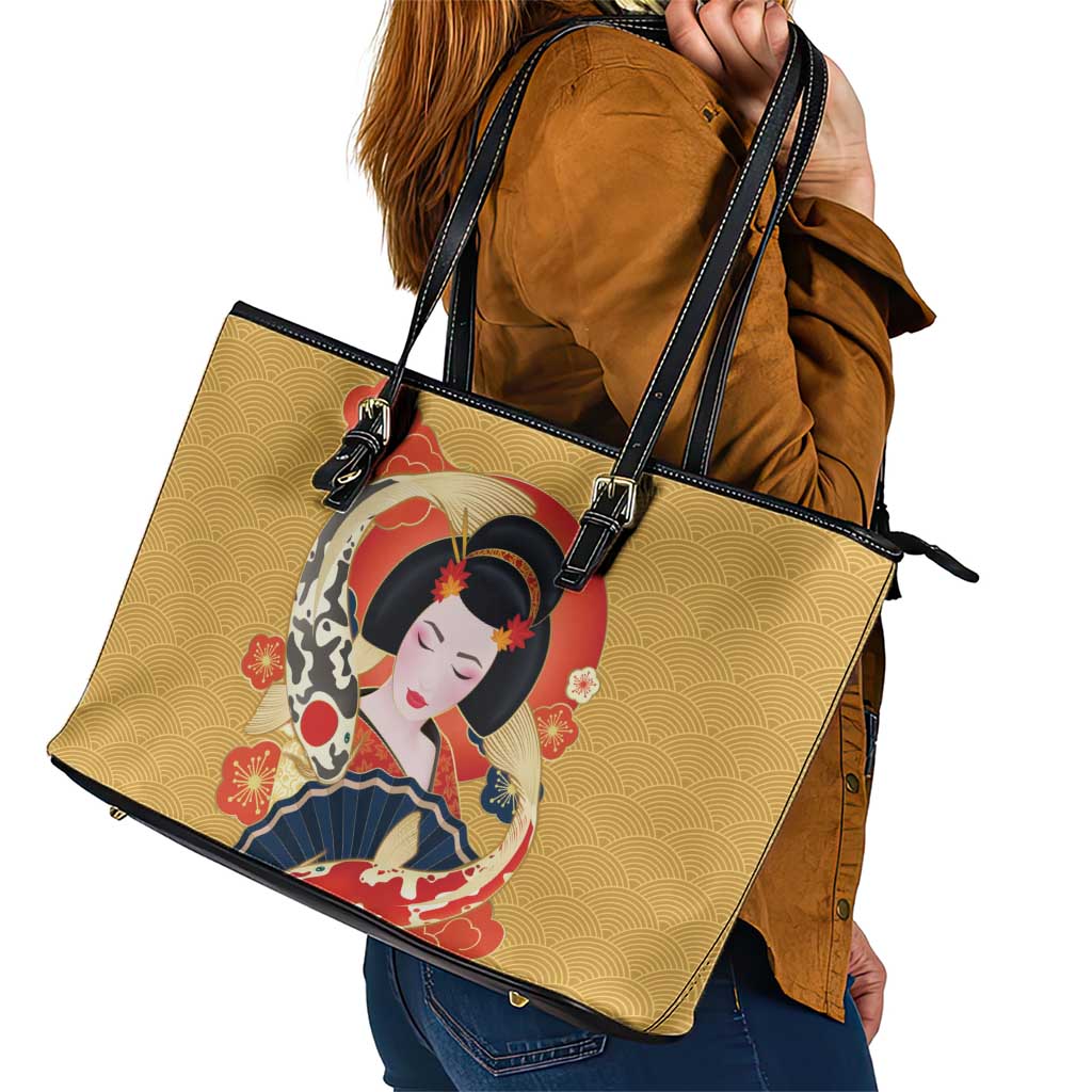Japanese Geisha Koi Fish Leather Tote Bag Cherry Blossoms Yellow Seigaiha Pattern LT14 - Polynesian Pride