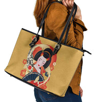 Japanese Geisha Koi Fish Leather Tote Bag Cherry Blossoms Yellow Seigaiha Pattern LT14 - Polynesian Pride