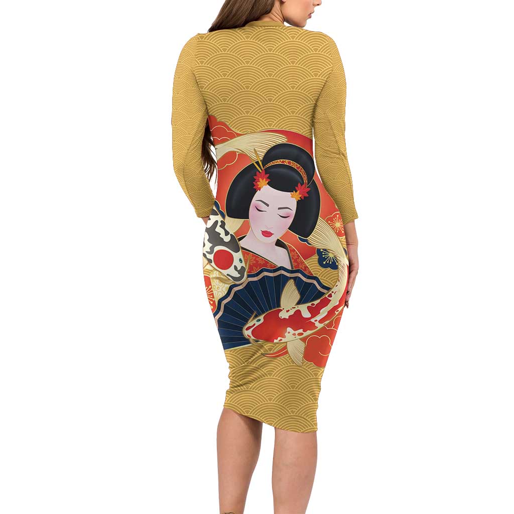 Japanese Geisha Koi Fish Long Sleeve Bodycon Dress Cherry Blossoms Yellow Seigaiha Pattern LT14 - Polynesian Pride