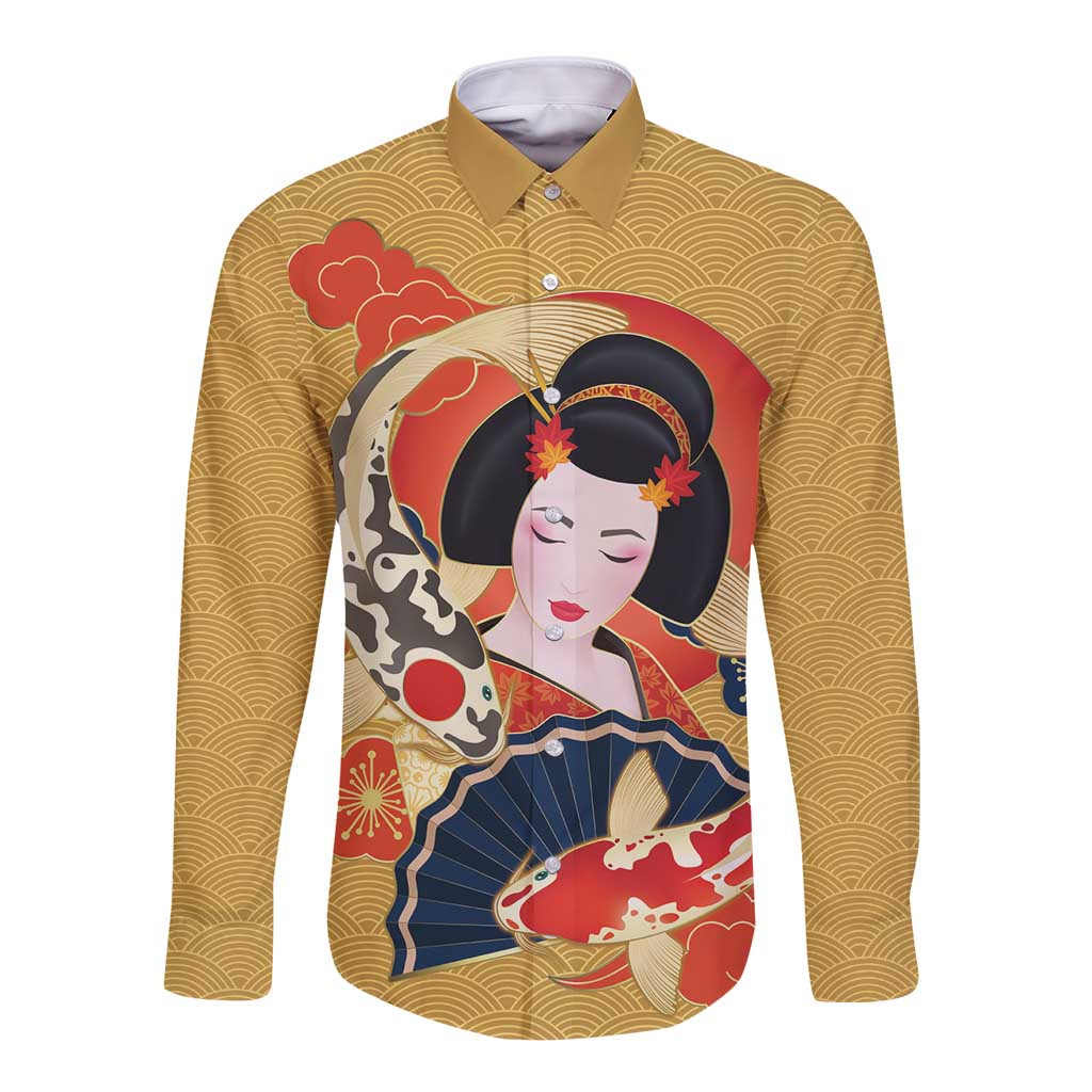 Japanese Geisha Koi Fish Long Sleeve Button Shirt Cherry Blossoms Yellow Seigaiha Pattern LT14 Unisex Yellow - Polynesian Pride