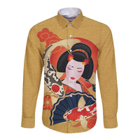 Japanese Geisha Koi Fish Long Sleeve Button Shirt Cherry Blossoms Yellow Seigaiha Pattern LT14 Unisex Yellow - Polynesian Pride