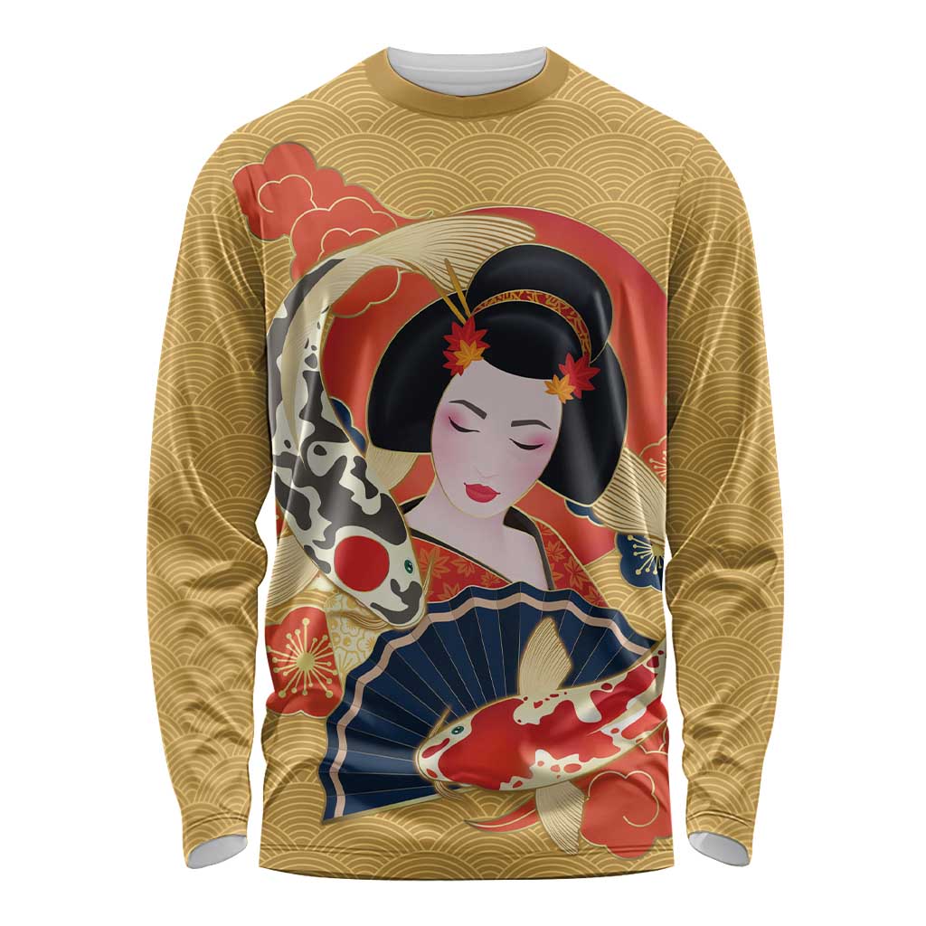Japanese Geisha Koi Fish Long Sleeve Shirt Cherry Blossoms Yellow Seigaiha Pattern LT14 Unisex Yellow - Polynesian Pride