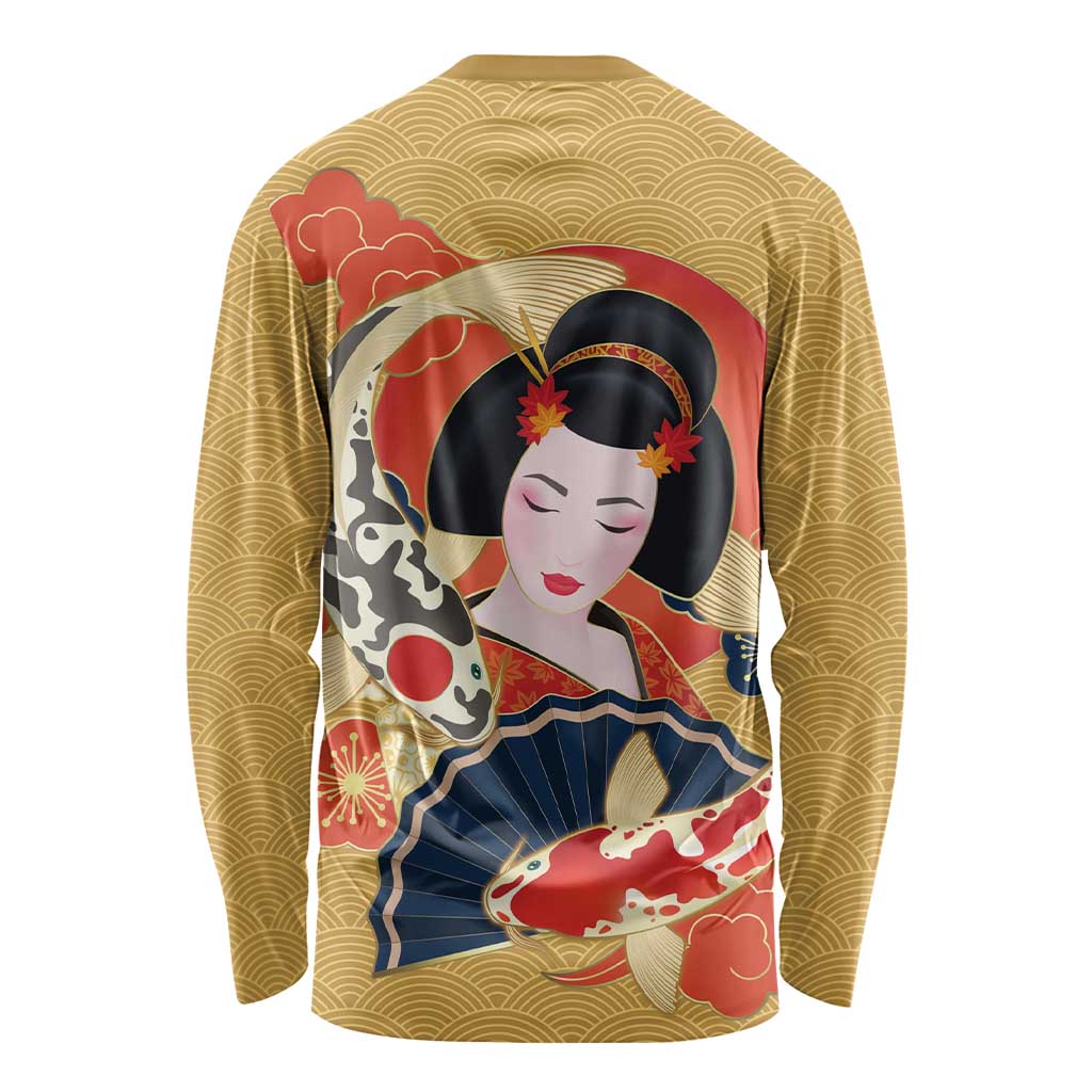 Japanese Geisha Koi Fish Long Sleeve Shirt Cherry Blossoms Yellow Seigaiha Pattern LT14 - Polynesian Pride