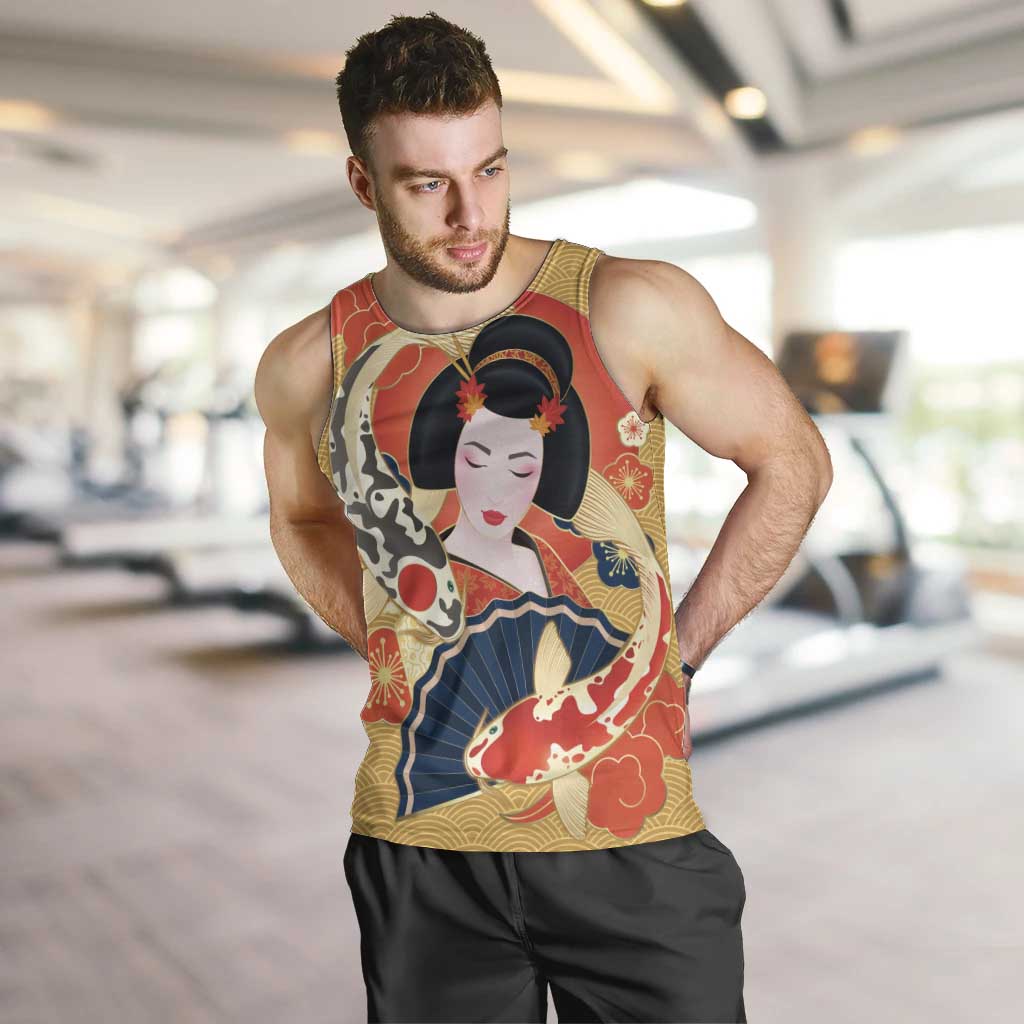 Japanese Geisha Koi Fish Men Tank Top Cherry Blossoms Yellow Seigaiha Pattern LT14 Yellow - Polynesian Pride