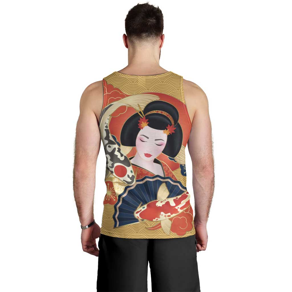 Japanese Geisha Koi Fish Men Tank Top Cherry Blossoms Yellow Seigaiha Pattern LT14 - Polynesian Pride