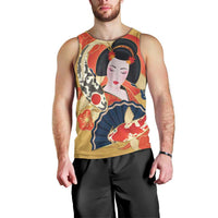 Japanese Geisha Koi Fish Men Tank Top Cherry Blossoms Yellow Seigaiha Pattern LT14 - Polynesian Pride